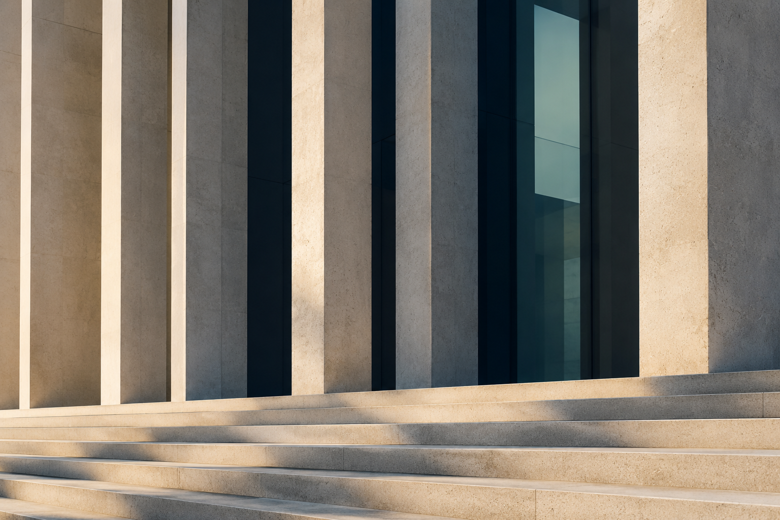 Conceptual architectural image of sunlit concrete fins and teal glass